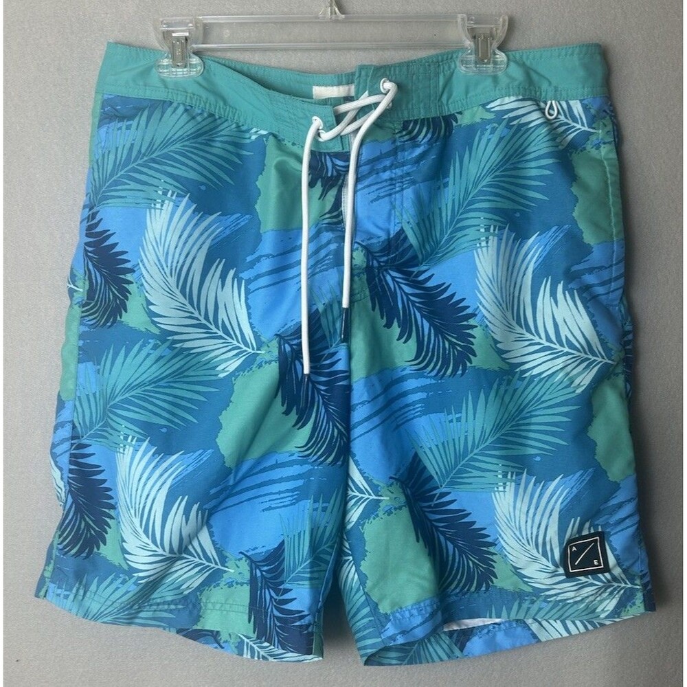 American Eagle Board Swim Shorts Unlined Tropical Blue Mens L EUC Beach Resort